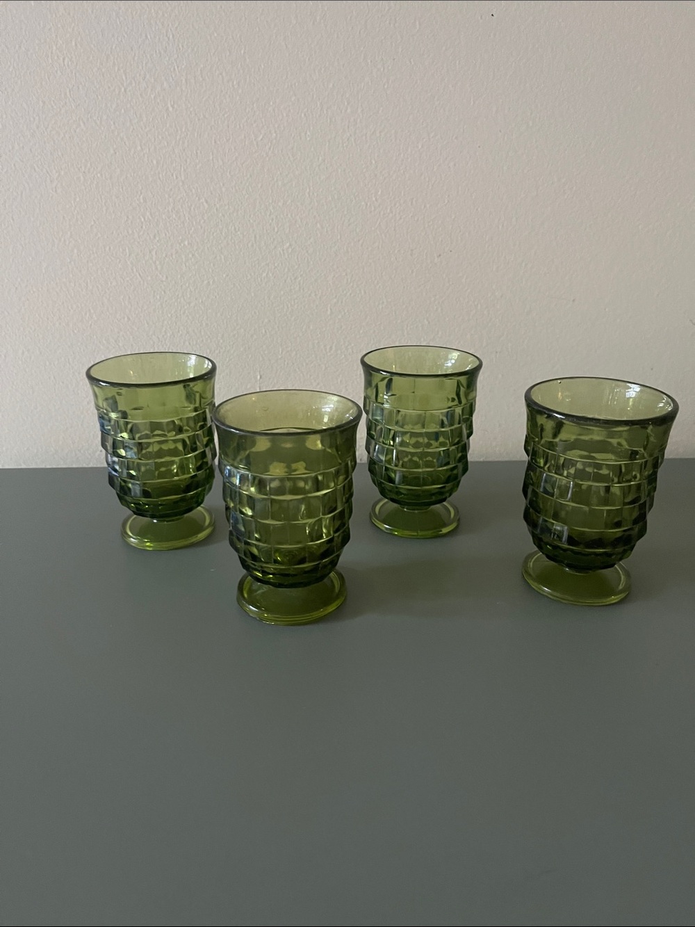 Vintage Indiana Glass Avocado Green Footed Juice Glasses- Set of 4